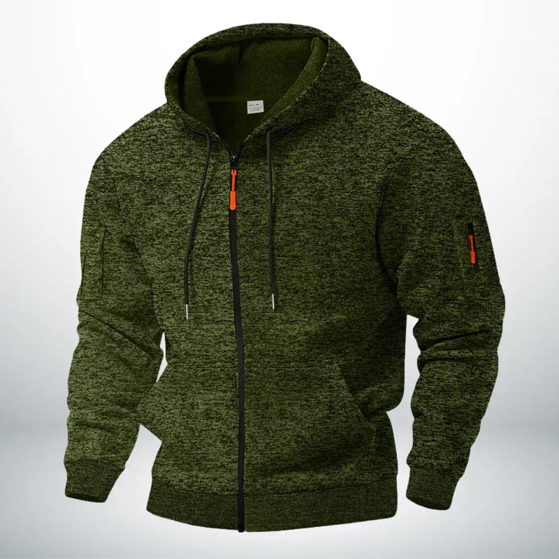 Dezelfde hoodie in gemêleerd groen, voorkant met capuchon, rits, zijzakken en ritszakje op de mouw. 4