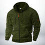 Dezelfde hoodie in gemêleerd groen, voorkant met capuchon, rits, zijzakken en ritszakje op de mouw. 4