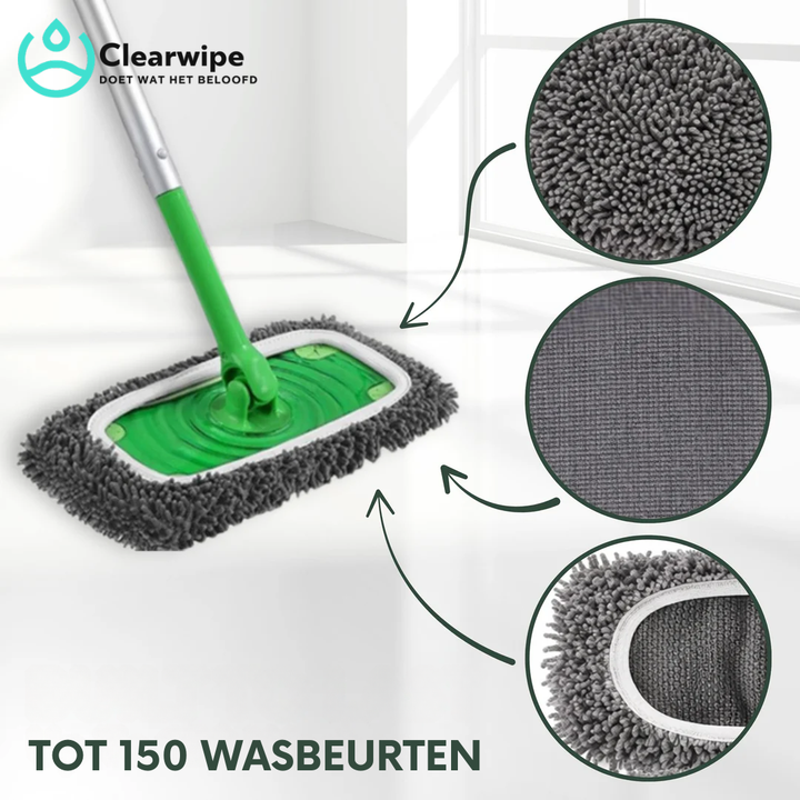 Grijze dweilpad op een groene dweilsteel met drie detailcirkels die de pluizige chenillevezels, het gladde weefsel en de witte rand tonen. 2