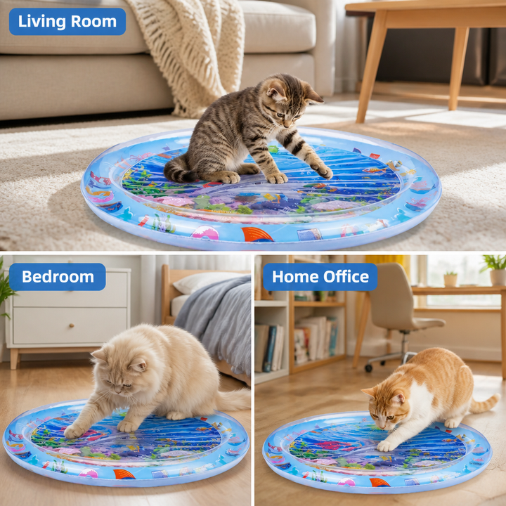 Drie kamers met katten op de ronde waterspeelmat: een kitten in de woonkamer, een pluizige kat in de slaapkamer, een rood-witte kat op kantoor. 5