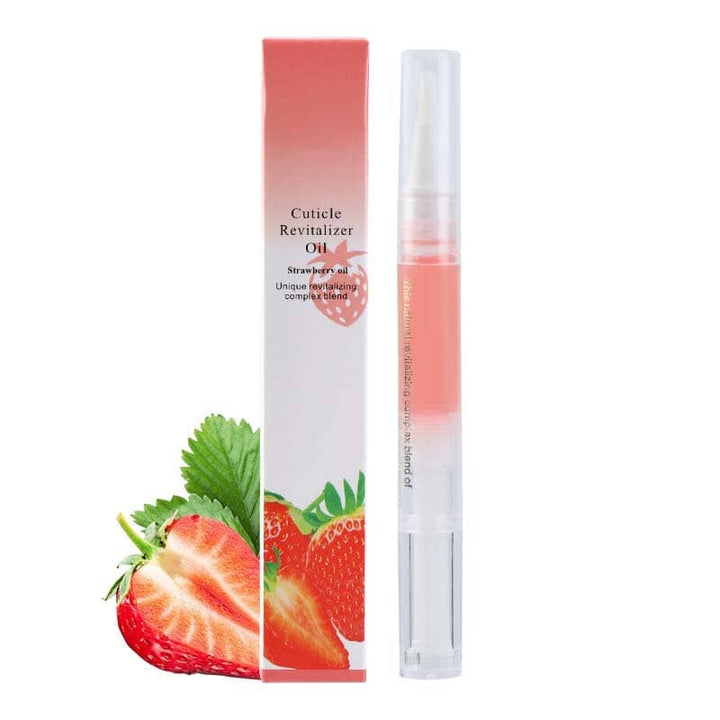Pen met aardbeigeur naast het roze doosje, met een gehalveerde en hele aardbei links ervan 16