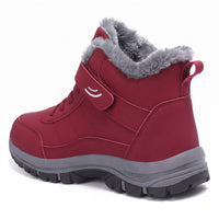 Rode hoge winterschoen met grijze pluchen voering, klittenbandriem en dikke zool met grof profiel, zijaanzicht 4