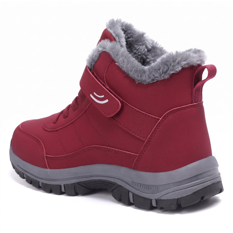 Rode hoge winterschoen met grijze pluchen voering, klittenbandriem en dikke zool met grof profiel, zijaanzicht 4