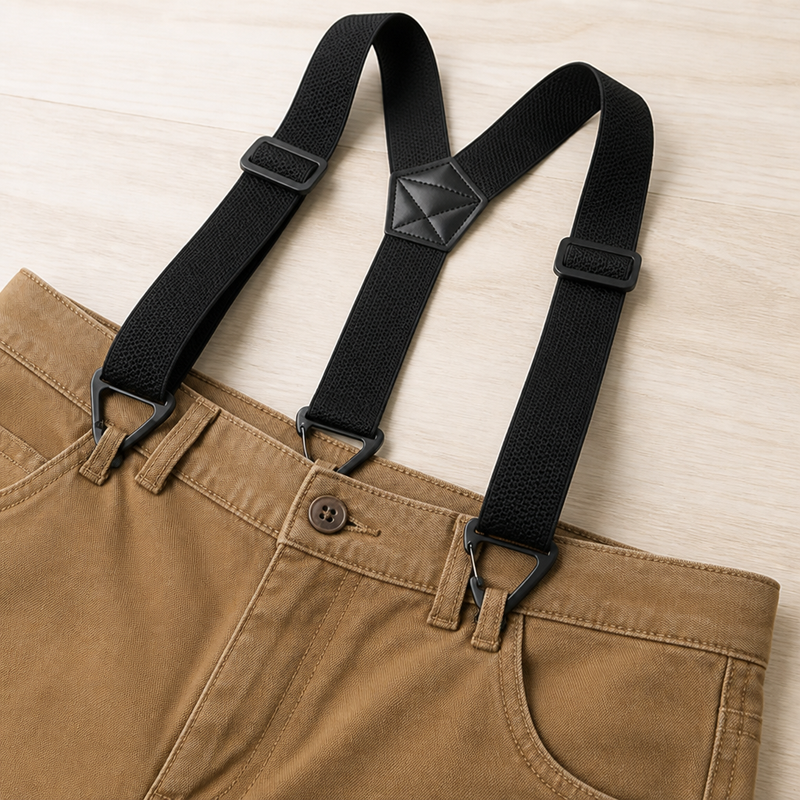 Zwarte bretels met driehoekige haken vastgemaakt aan de tailleband van een khaki broek, plat op een lichte houten ondergrond. 4