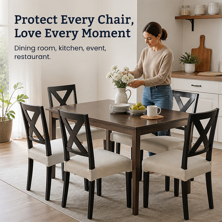 Vrouw schikt bloemen op een eettafel met vier zwarte kruisrugstoelen met beige zitting hoezen in een lichte keuken. 5