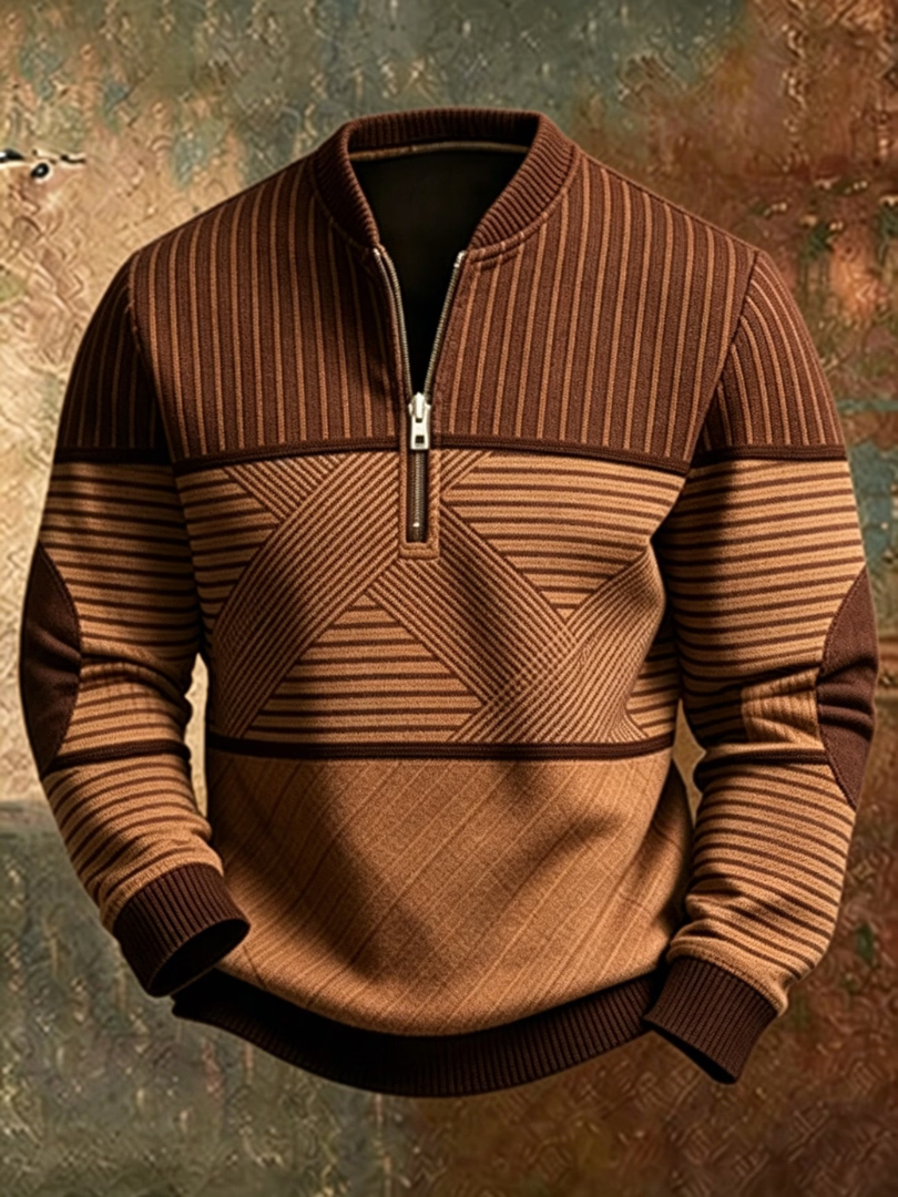Halve-ritstrui met geometrisch streeppatroon in bruine en camel tinten, met ribkraag en elleboogstukken, voorkant. 4