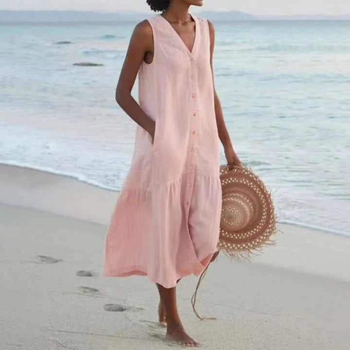 Stilvolles Leinenkleid mit V-Ausschnitt - Elara