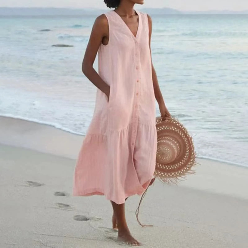 Stilvolles Leinenkleid mit V-Ausschnitt - Elara