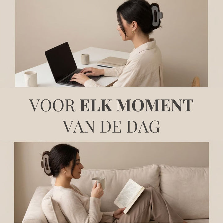 Twee vrouwen met een grijze haarclip in een knot, de ene werkt achter een laptop, de andere leest op de bank 4
