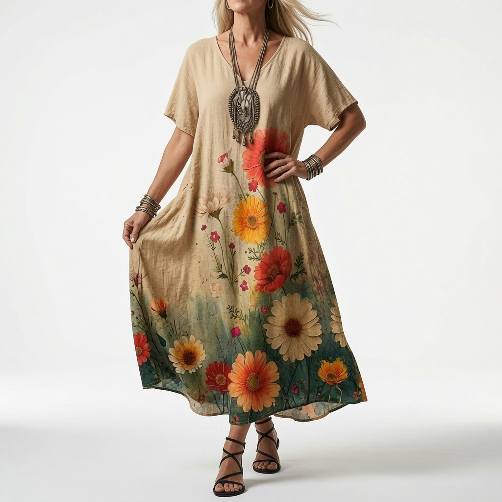 Model draagt de beige jurk met grote oranje en rode bloemen aan de onderkant die overlopen in groen, met zwarte bandjessandalen. 3