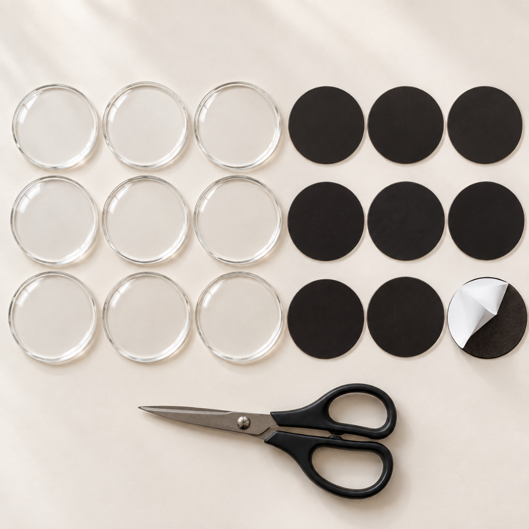 Negen ronde acrylplaatjes met negen ronde zwarte magneten en een schaar op een lichte ondergrond 10