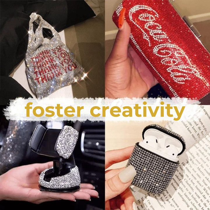 Collage van met strass beplakte voorwerpen: een tas, een clutch, een autotelefoonhouder en een oordopjesdoosje 5