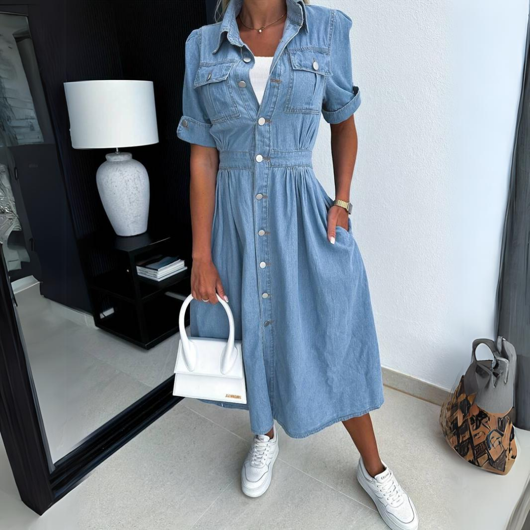 Fashionable Denim Dress with Short Sleeves - DenimCharm