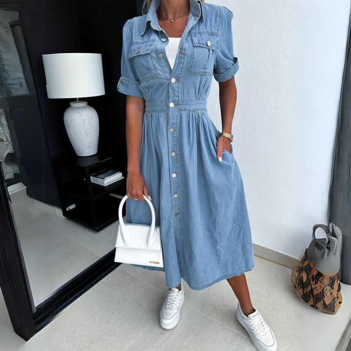 Fashionable Denim Dress with Short Sleeves - DenimCharm