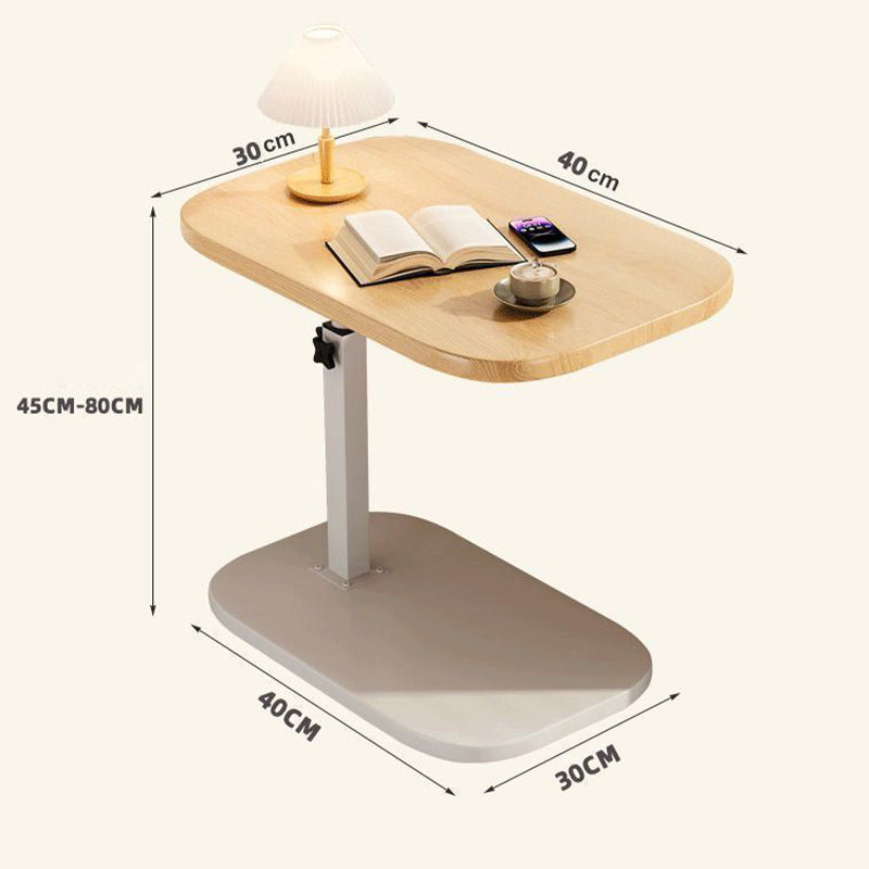 Lichthouten tafel met witte voet en maatvoering: blad van 30 bij 40 cm, voet van 40 bij 30 cm, hoogte 45 tot 80 cm. 12