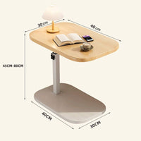 Lichthouten tafel met witte voet en maatvoering: blad van 30 bij 40 cm, voet van 40 bij 30 cm, hoogte 45 tot 80 cm. 12