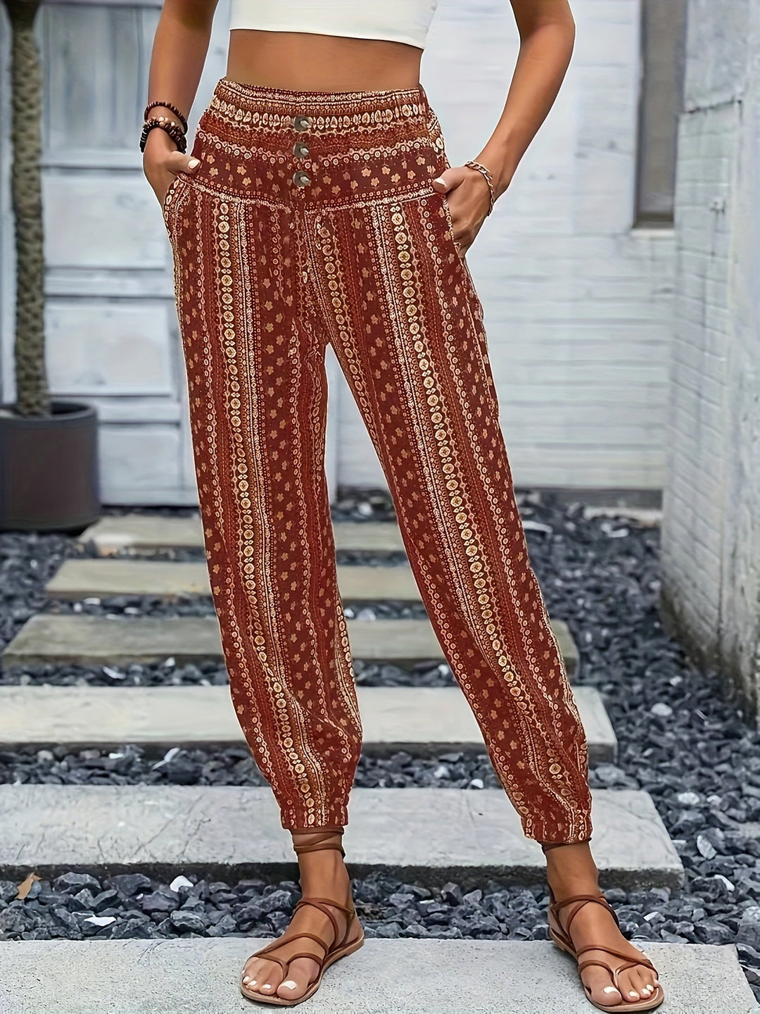 Boho-Hochbund-Damenhose mit Print & raffinierter Taille – Linara