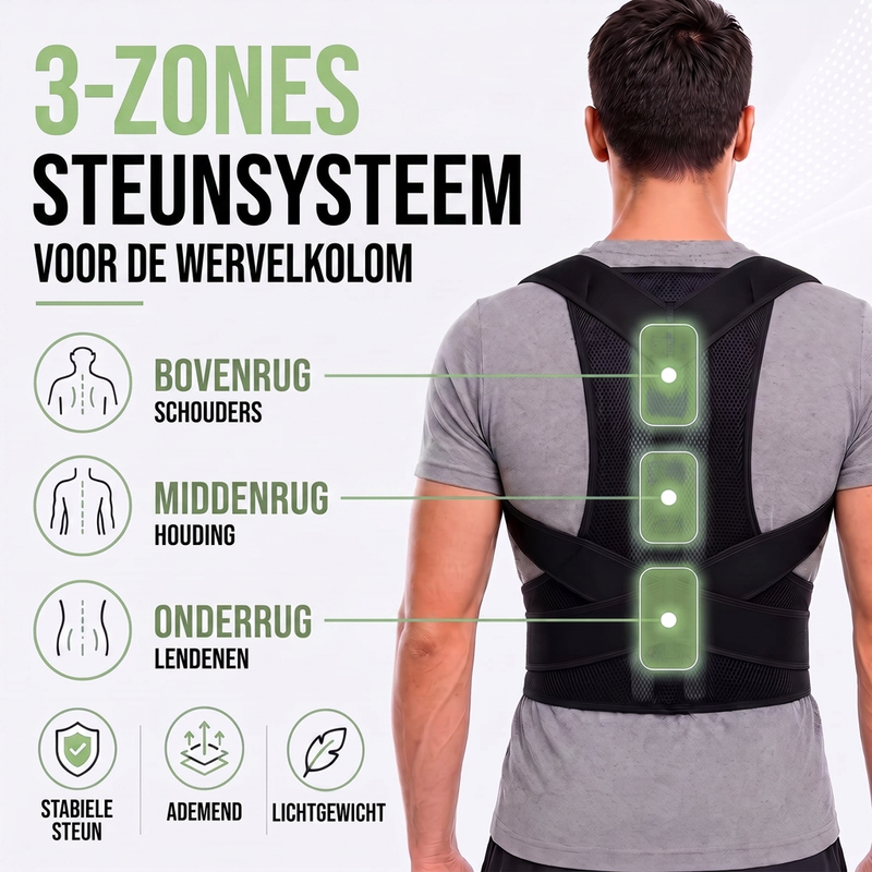Man van achteren met zwarte brace waarop drie gemarkeerde steunzones lopen: bovenrug, middenrug en onderrug. 6