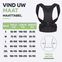 Maattabel met taille, lengte en gewicht per maat naast een zwarte brace en een tekening die toont hoe je de taille meet. 5