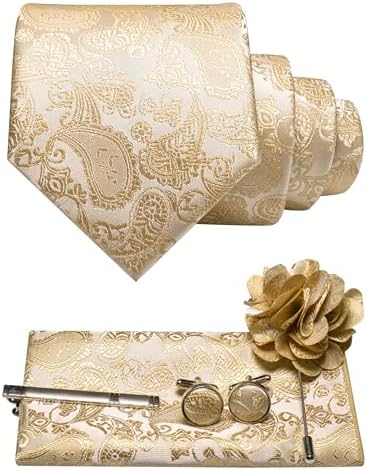 Stropdasset met paisleymotief in crème en goudbeige: stropdas, pochet, manchetknopen, dasspeld en bloemvormige reversspeld. 2