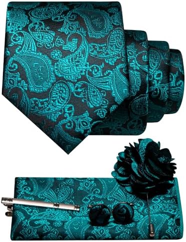 Paisleyset in turquoise op zwarte ondergrond: das, pochet, manchetknopen, dasspeld en een bloemvormige reversspeld. 25