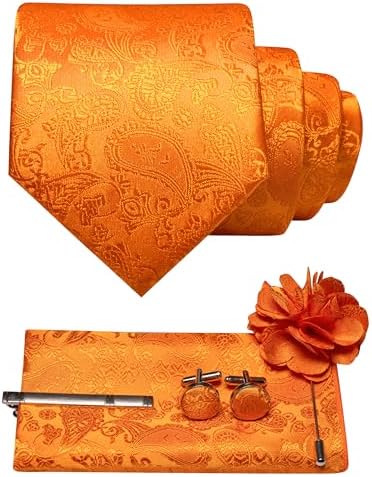 Stropdasset met paisleymotief in felle oranje tint: stropdas, pochet, manchetknopen, dasspeld en bloemvormige reversspeld. 7