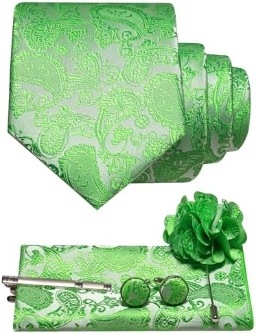 Stropdasset met paisleymotief in lichtgroen: stropdas, pochet, manchetknopen, dasspeld en bloemvormige reversspeld. 17