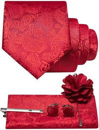 Stropdasset met paisleymotief in helderrood: stropdas, pochet, manchetknopen, dasspeld en bloemvormige reversspeld. 13