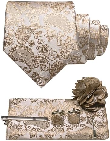Stropdasset met paisleymotief in champagnebeige: stropdas, pochet, manchetknopen, dasspeld en bloemvormige reversspeld. 20