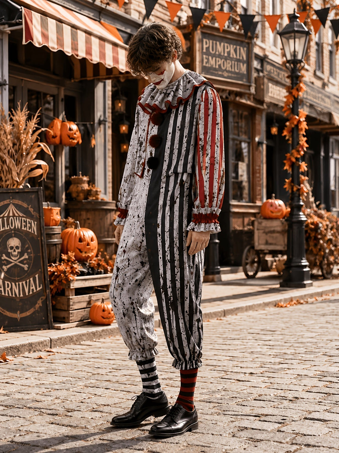 Model draagt het clownspak in zijaanzicht, met een gestreepte rode mouw, geplooide kraag, gestreepte kousen en zwarte veterschoenen. 2