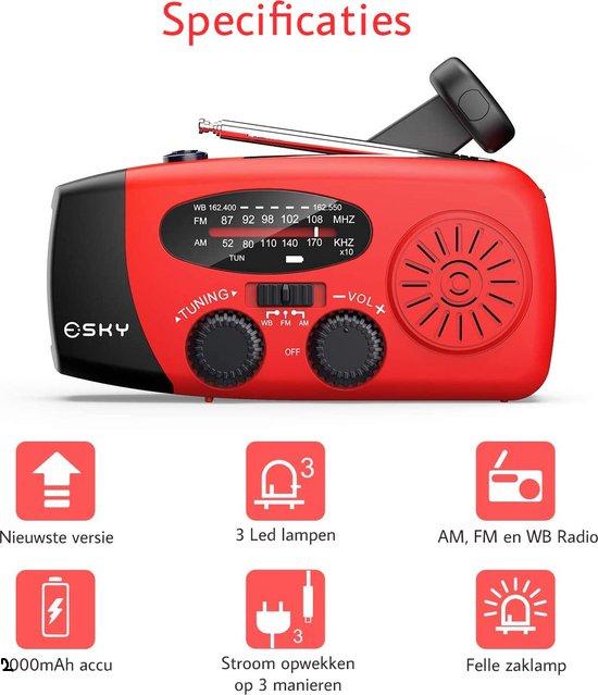 Rode noodradio met pictogrammen die de specificaties tonen, zoals ledlampen, AM-, FM- en weerradio en een felle zaklamp 5