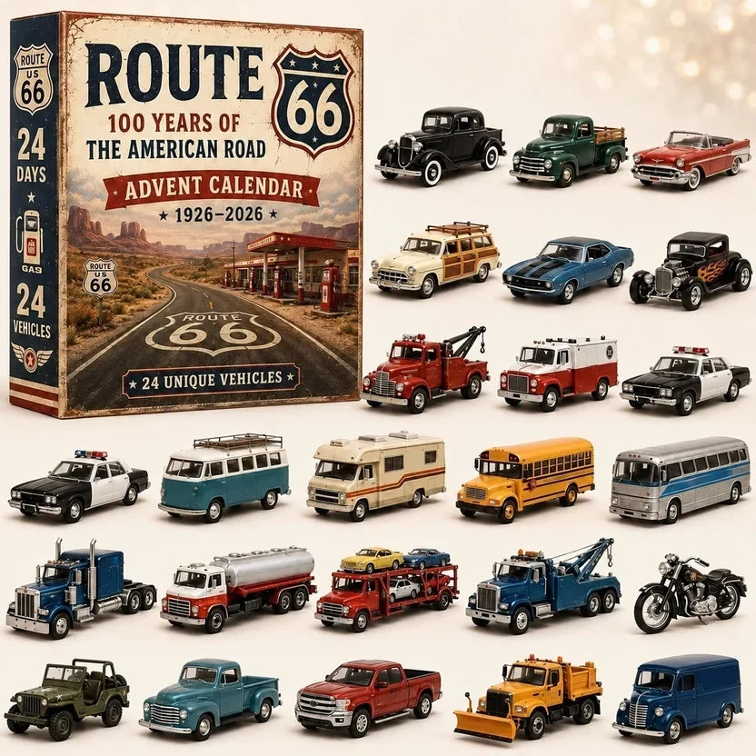 Retro doos met weg en tankstation, omringd door 24 miniatuurvoertuigen: auto's, vrachtwagens, bussen, camper, jeep en 15