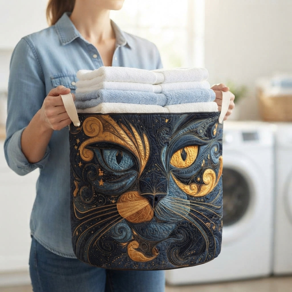 Vrouw in spijkerblouse draagt de kattenmand aan de handgrepen, gevuld met gevouwen handdoeken, in een wasruimte. 3