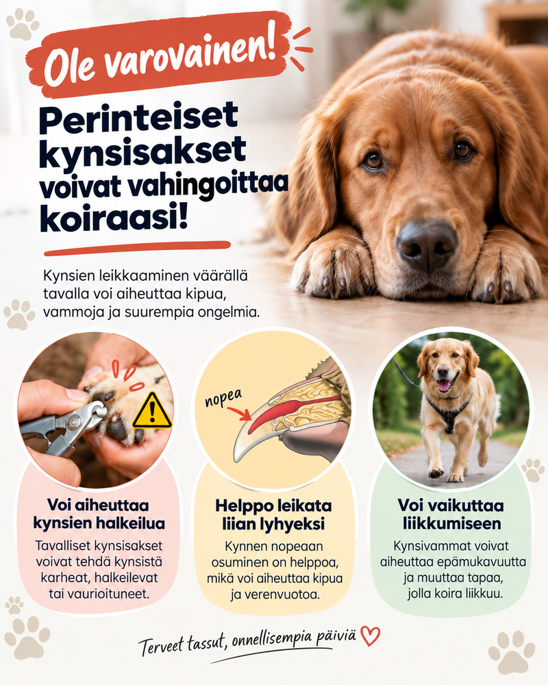 Infographic over de risico's van gewone nageltangen voor honden, met een tang, een tekening van de nagel en een wandelende 4