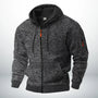 Dezelfde hoodie in gemêleerd donkergrijs, voorkant met capuchon, trekkoord, ribboorden en ritszakje op de mouw. 5
