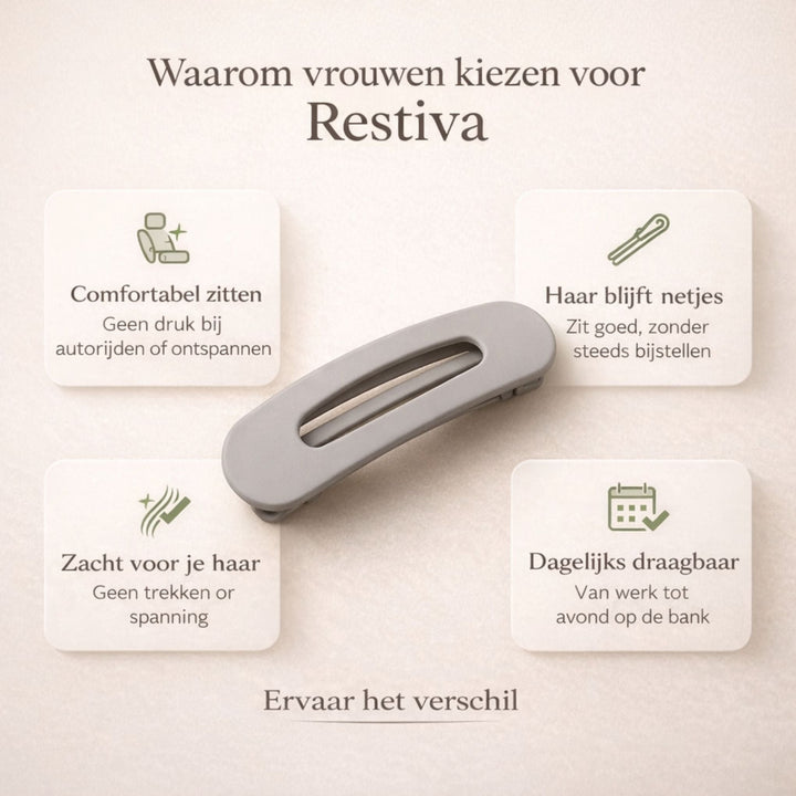 Grijze haarclip met vier pictogrammen die de voordelen tonen, zoals comfortabel zitten en zacht voor haar 3