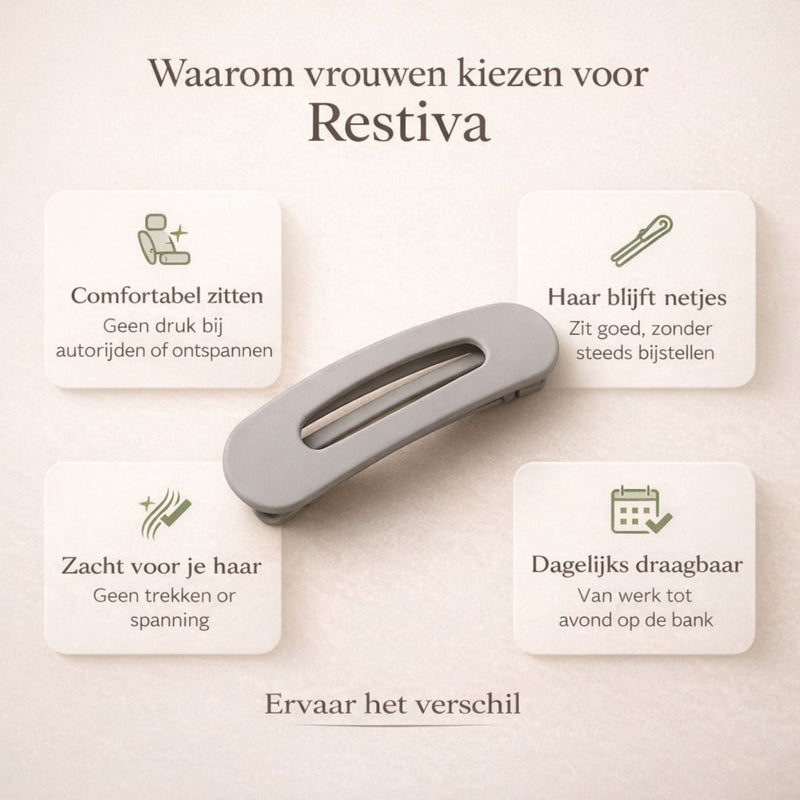 Grijze haarclip met vier pictogrammen die de voordelen tonen, zoals comfortabel zitten en zacht voor haar 3