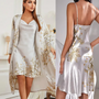Zweiteiliger Satin-Nachthemd & Kimono mit Blumenprint – Noelle