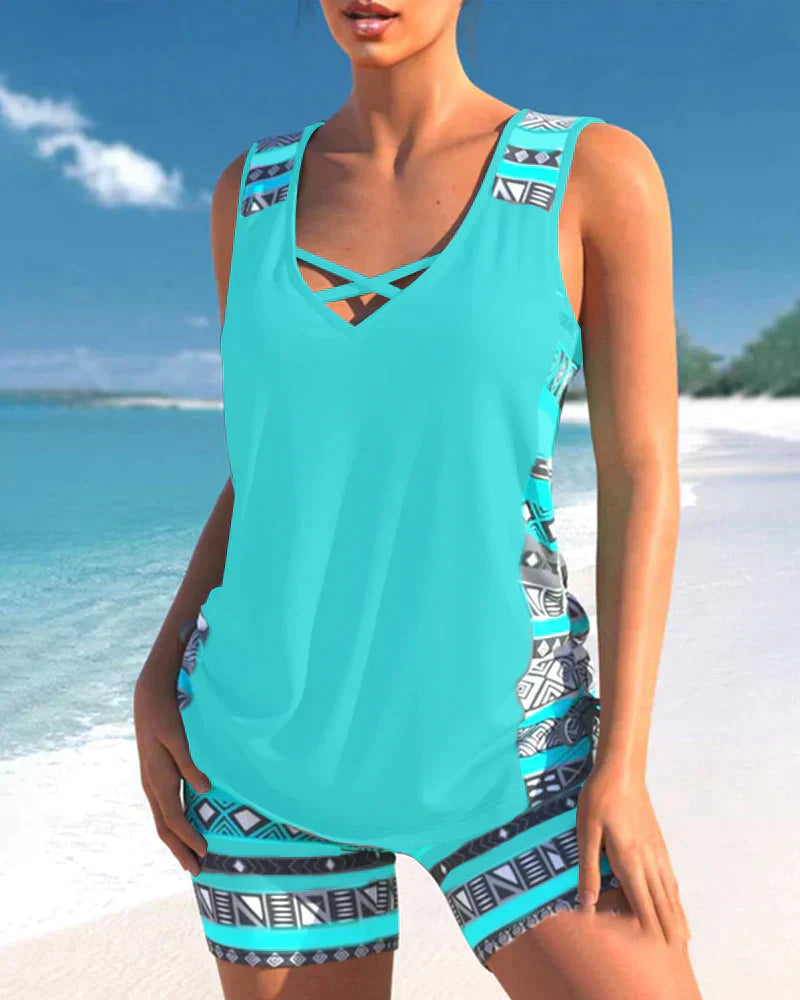 Trendy badmode met V-hals en geometrisch patroon – Tankini-set Madonna