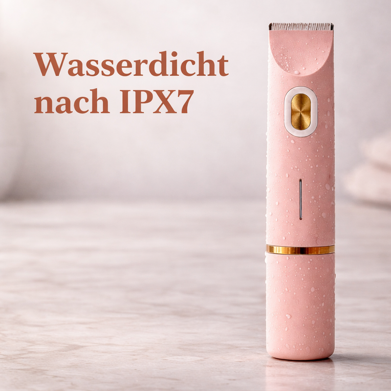 Roze trimmer met waterdruppels staat rechtop op een marmeren ondergrond en toont de waterdichte uitvoering. 11
