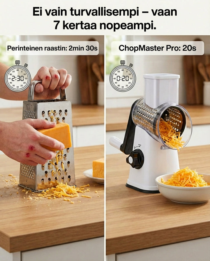 Vergelijking van kaas raspen: links een hand met schaafwonden op een klassieke rasp, rechts de draaibare snijder die de kaas in een kom laat vallen. 4