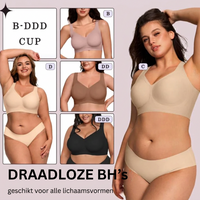 Collage van modellen in verschillende cupmaten en kleuren draadloze beha's, van B tot DDD 14
