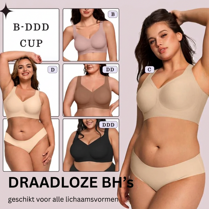 Collage van modellen in verschillende cupmaten en kleuren draadloze beha's, van B tot DDD 14