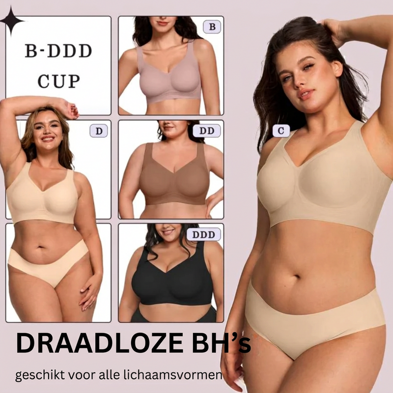 Collage van modellen in verschillende cupmaten en kleuren draadloze beha's, van B tot DDD 14