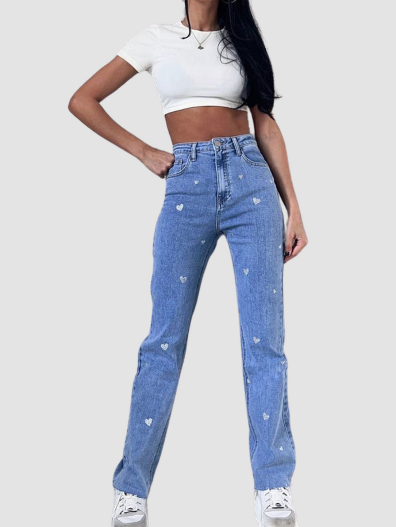 Damen Stretch-Jeans mit weitem Bein und Herzchenmuster - Amelie