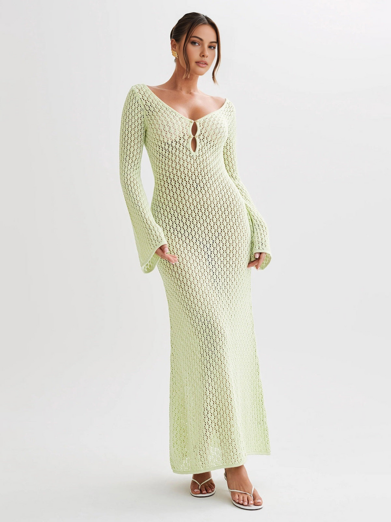 Lange strandjurk met rugdecolleté en V-hals – Celina