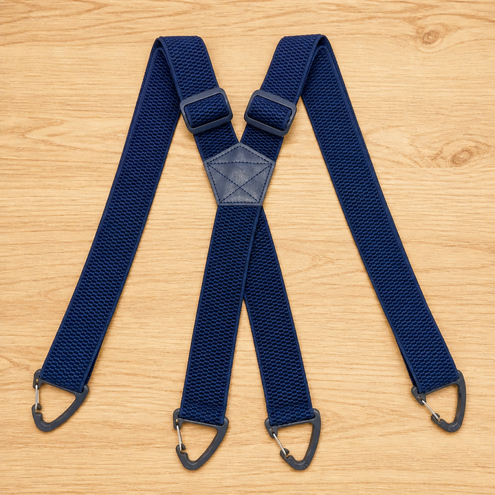 Marineblauwe X-bretels met verstelschuiven bij het kruispunt en vier donkere driehoekige haken, plat op een houten tafel. 12