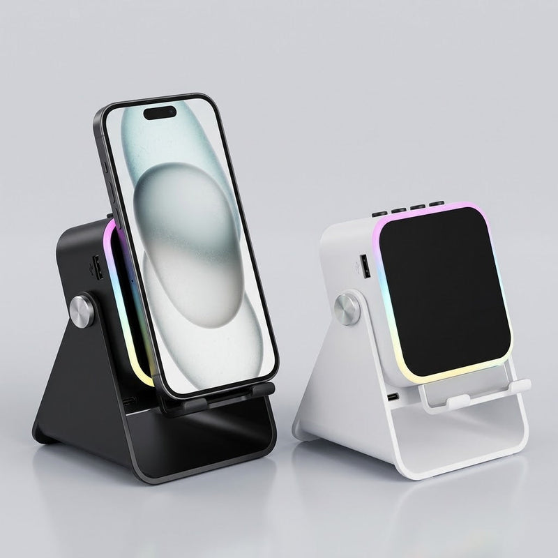 Zwarte en witte uitvoering naast elkaar, de zwarte met telefoon, de witte met zicht op de speakerkant 3
