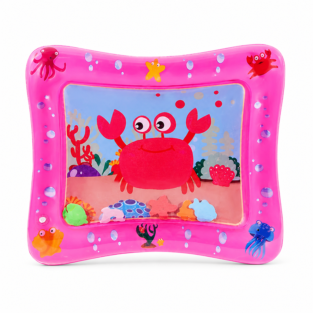 Roze rechthoekige waterspeelmat met een grote lachende rode krab in het midden en kleurrijke zeefiguurtjes die onderin drijven. 9