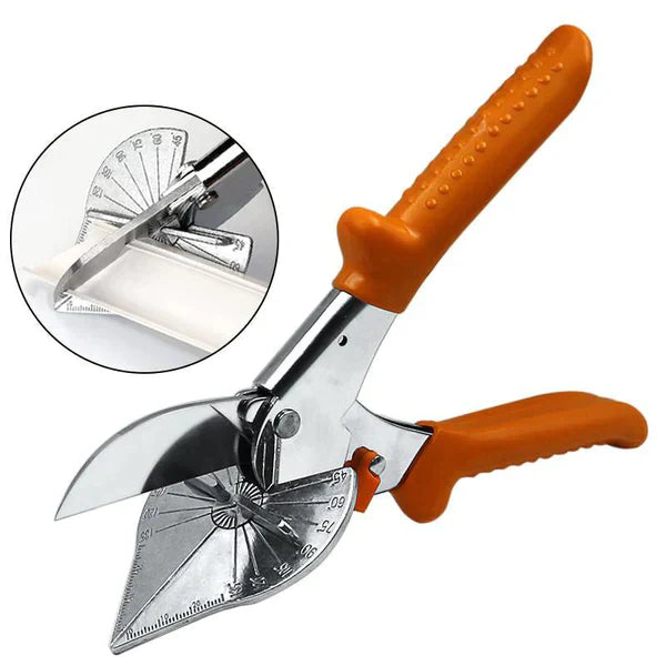 Hoekschaar met oranje handgrepen en hoekschaalverdeling, met een inzetfoto die het knippen van een witte strip toont 1